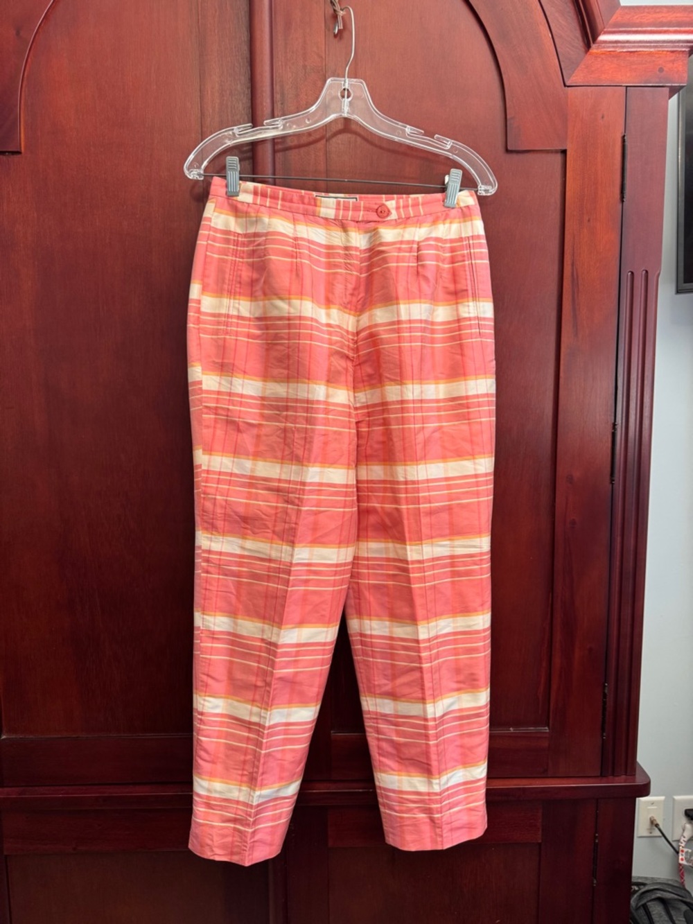 Travis Ayers 100% silk Coral Plaid Chinos Size 10 Petite